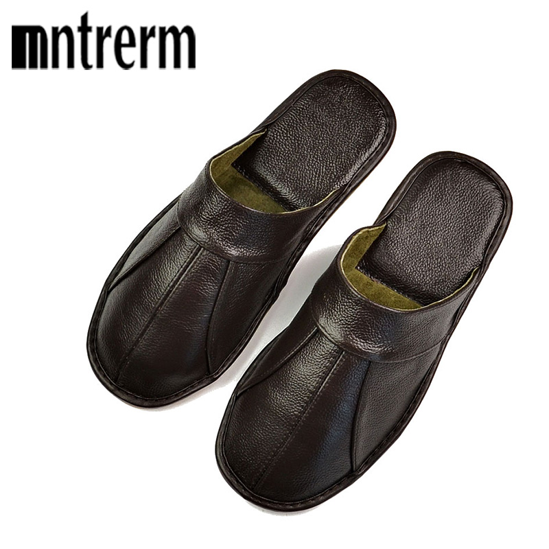 Artwork Craft - Mntrermฤดูใบไม้ผลิSlipบนรองเท้าแตะนุ่มสบาย100% วัวหนังHandmadeเย็บสีดำสีน้ำตาลของแท้รองเท้าหนัง