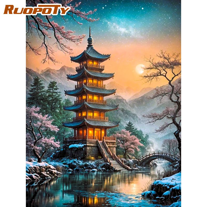 Art Craft Room Ideas - RUOPOTY ภาพวาดเพชรลายเจดีย์ ศิลปะตกแต่งผนัง ไอเดีย DIY ภาพวิวทิวทัศน์