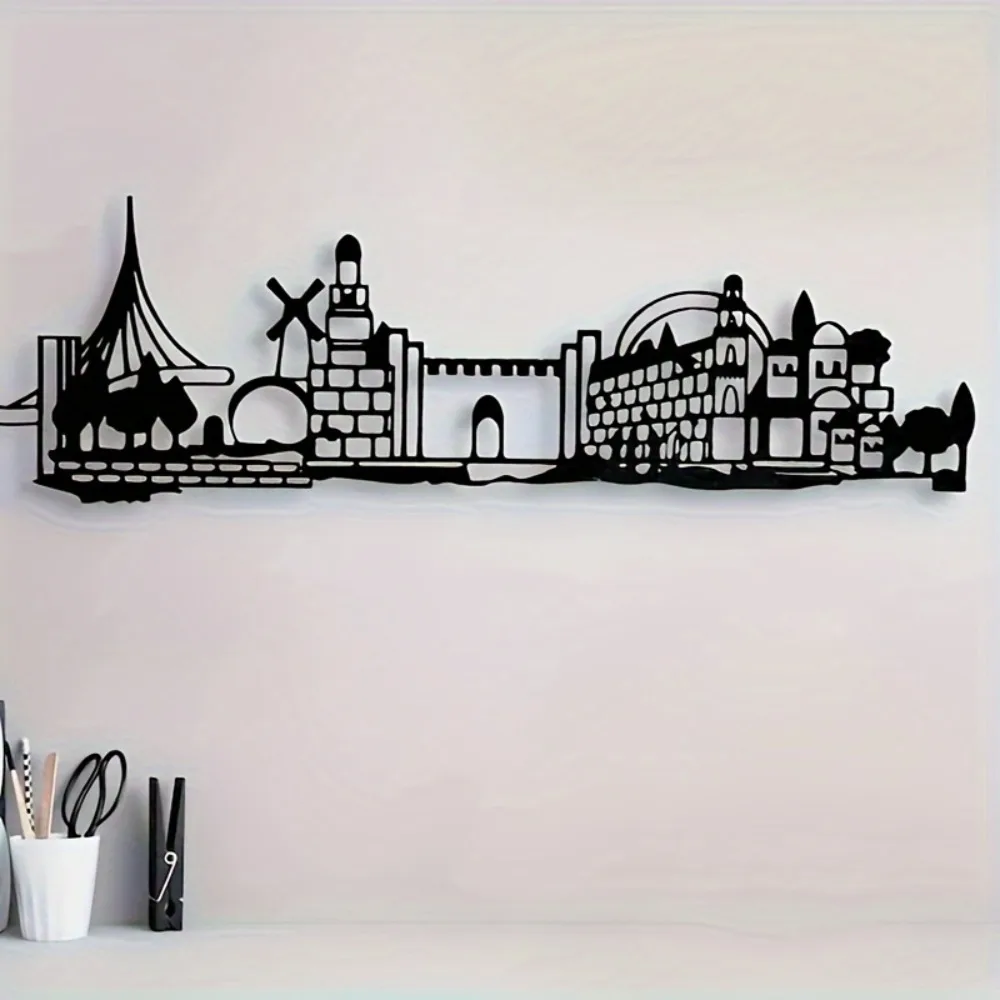 Art & Craft Village Pondicherry - CIFBUY งานศิลปะติดผนังเหล็ก ลายเส้นขอบฟ้าเยรูซาเล็ม ซิลลูเอทเมืองเก่า ดาวเดวิด ประติมากรรมโลหะ